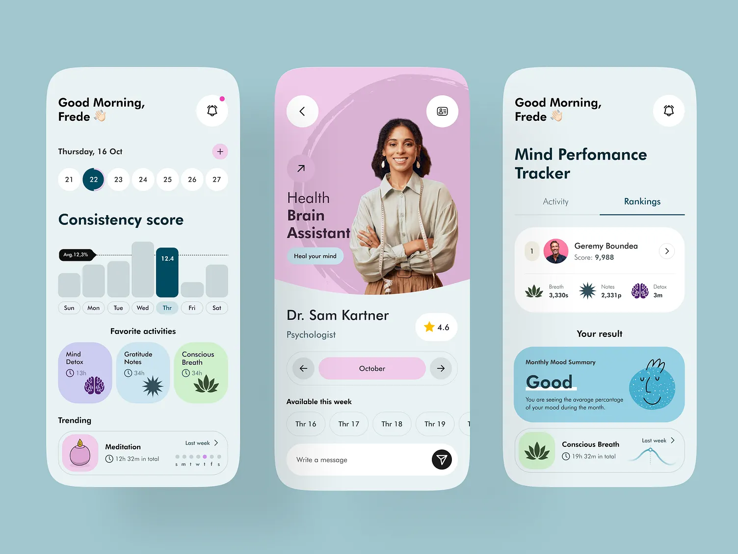 wello app screens: a parent's care home with today's medications, the assistant explaining a lab report, and progress over time.